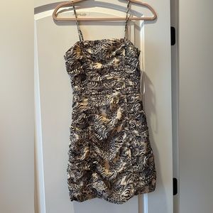 Tan Animal Print Ruched Mini Dress